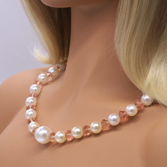 Champagne color necklace 3 piece set with pearls and gold accents. - Picture 2 of 9